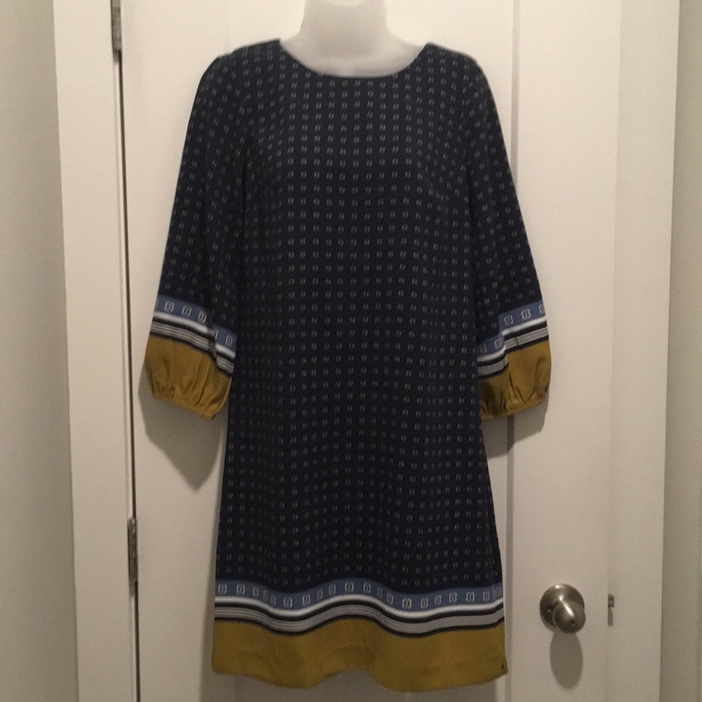 Scarf Print Dress,size-XS, 3/4 Sleeve,Navy/Yellow